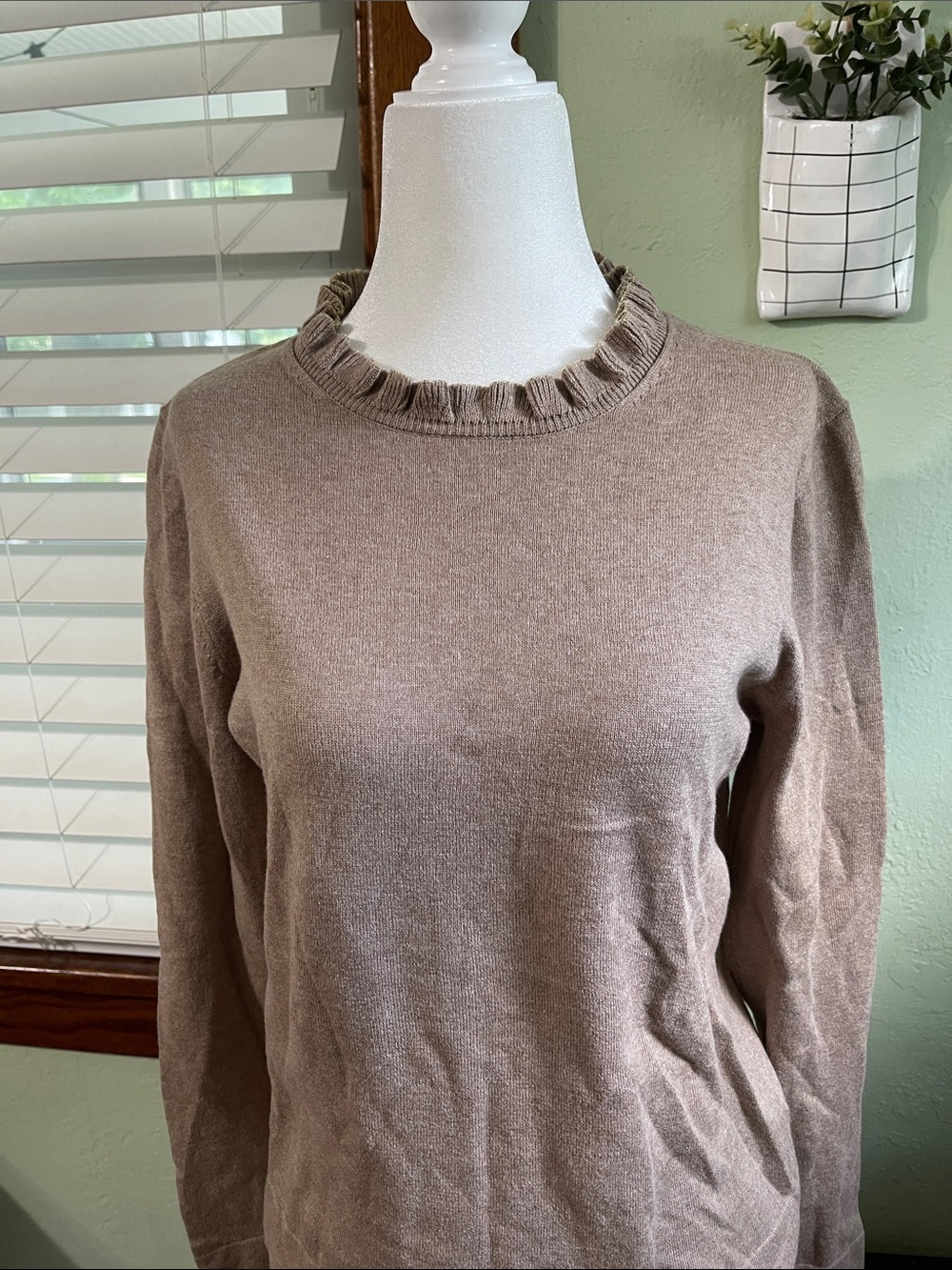 J.Crew Taupe Ruffle-Neck Cotton Sweater